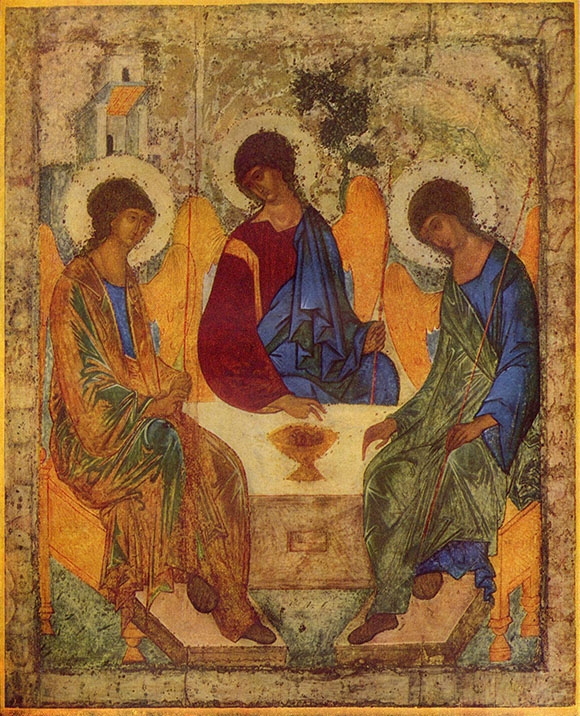 Russian icon of the Old Testament Trinity by Andrey Rublev, between 1408 and 1425.jpg